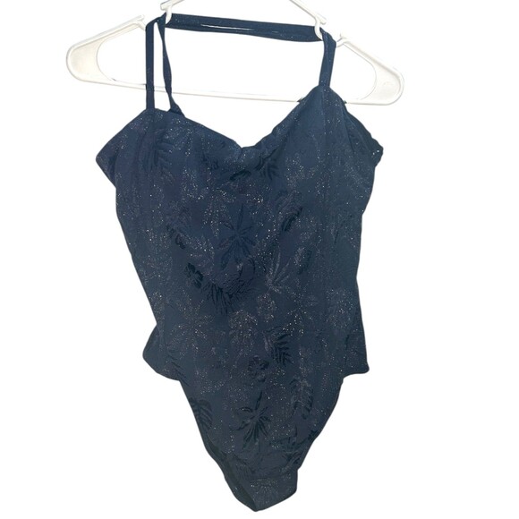 Cupshe Other - Cupshe One Piece Swimsuit  Navy Blue Floral Silver Glitter XL Tummy Contouring